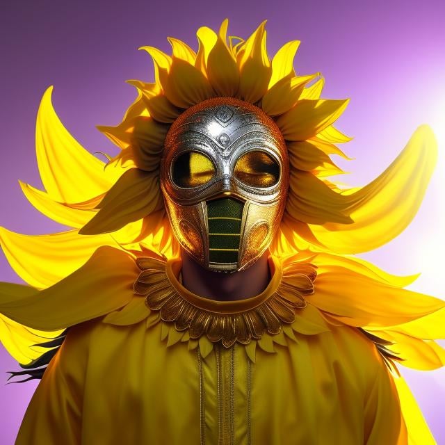 Prompt: Sunflower king, golden clothes, silver mask in the face, green lighting, purple highlights, yellow aura, concept, majestic, small sunflowers