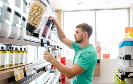 Prompt: white man in the food dispensers store. Instead of food is shampoo and beauty products