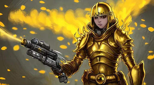 Prompt: Sunflower jailer, golden yellow clothes, yellow highlights, yellow lights, golden yellow robe, golden and silver belt, sunflowers with yellow aura, concept, silver and golden vest, detailed, yellow golden bazooka, blonde hair, machine gun, fire, war, smoke, golden armor, sunflower bullets, golden missiles