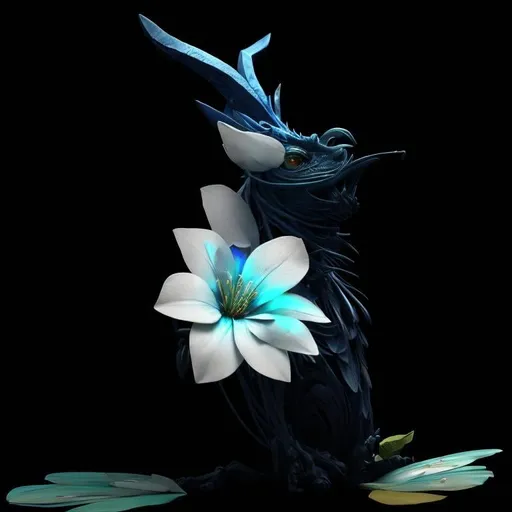 Prompt: blue elegant and peaceful beast with flower petals around his neck, green antennas, rare, elegant, pose, magical, huge, 4K resolution, artstation, highly detailed, artgerm, by wlop, volumetric lighting, octane render, trending on artstation, masterpiece, fantastic, powerful, scary, intimidating, terrifying