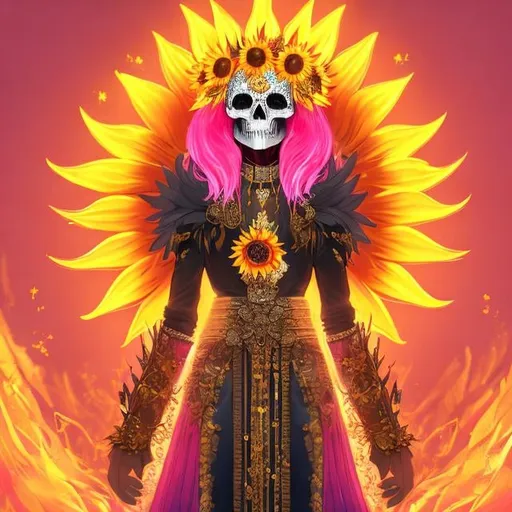 Prompt: Sunflower jailer, golden clothes, red highlights, black lights, pink robe, golden and silver chains, sunflowers with pink fire aura, concept, silver and golden details, skull belt, detailed, pink hair