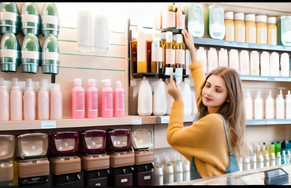 Prompt: girl in the food dispensers store. Instead of food is shampoo and beauty products