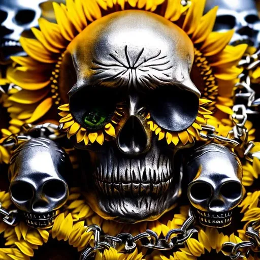 Prompt: Sunflower man jailer, small skulls with sunflowers, silver chains, golden dust, green highlights, golden light, golden clothes, evil eyes, dark aura, scary 