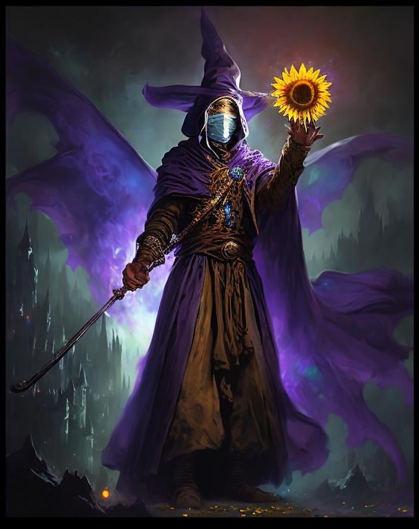 Prompt: A plague sunflower doctor with a blue wizard robes as a d & d character, blue robe, magical, blue higlights, hip hop concept aesthetic, purple evil aura, concept sheet, painting by gaston bussiere, dramatic lighting, purple lighting, evil sunflowers, toxic, poison, doctor