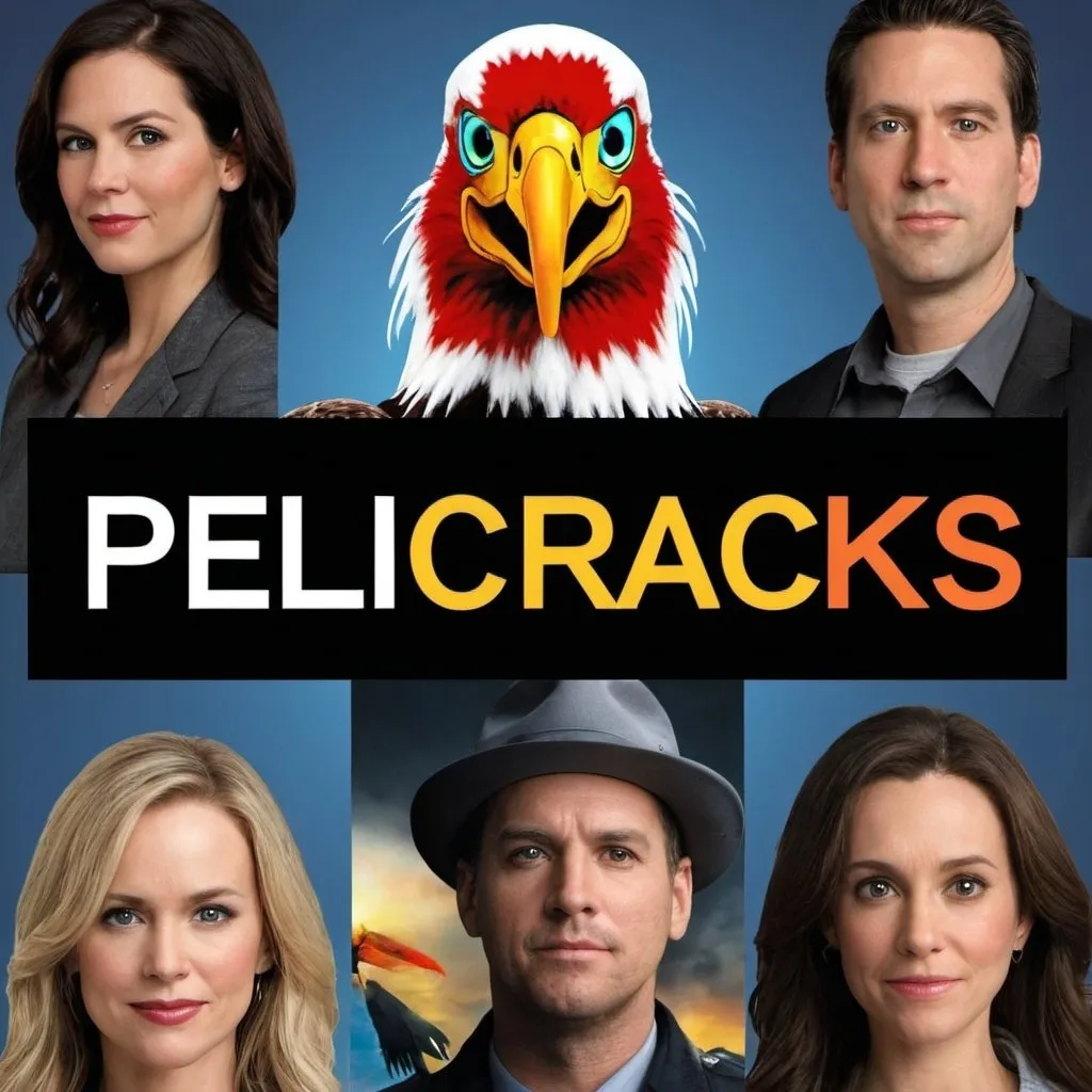 Prompt: make a promotional image of a page called "Pelicracks". The image contains movie characters and TV shows characters. The name "Pelicracks" is in the middle of the image, surrounded by the other movie stuff. "Pelicracks" is correctly spelled. There is a bald eagle with a hat behind the name "Pelicracks".  