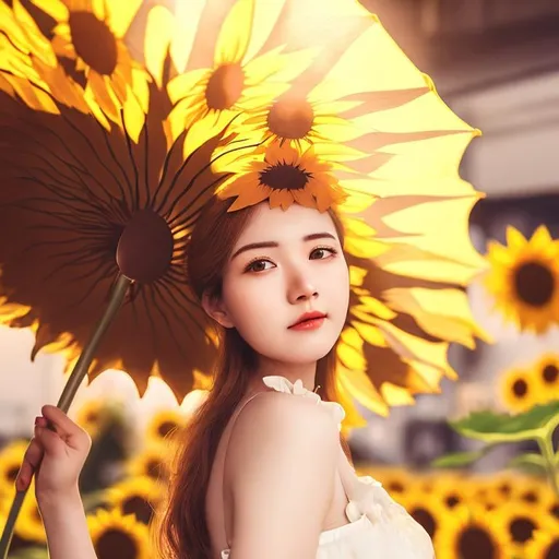 Prompt:  Sunflower lady, elegant, sunflower parasol, afternoon, non realistic