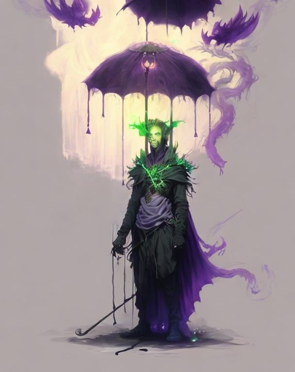 Prompt: A plague sunflower doctor with a purple wizard robes as a d & d character, elegant old clothes behind the robe, magical, purple higlights, hip hop concept aesthetic, purple evil aura, concept sheet, painting by gaston bussiere, dramatic lighting, purple lighting, toxic poisonous purple parasol, toxic, poison, doctor, neon green details in the head and in the shoulders