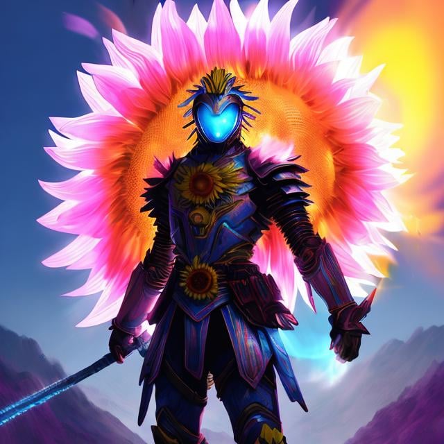 Prompt: Sunflower magic man warrior, blue highlights, mystic, pink neon thunder sunflower, pink fire light, detailed, metal pink armor, magic mist, the warrior is in a pink valley highlights with pink sunflowers in the valley, pink air essence, pink sunflower lantern, war, pink flamethrower sunflower 