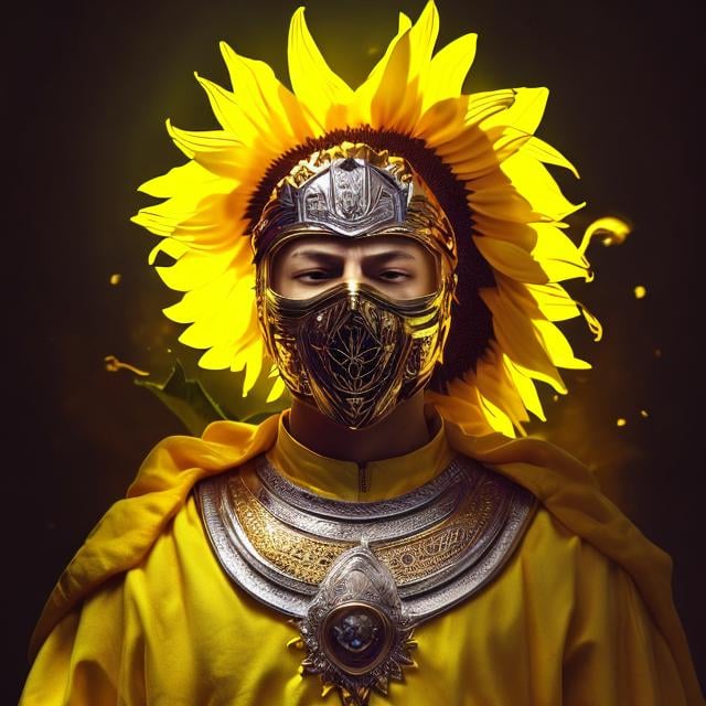 Prompt: Sunflower king, golden clothes, silver mask in the face, green lighting, purple highlights, yellow aura, concept, majestic, small sunflowers