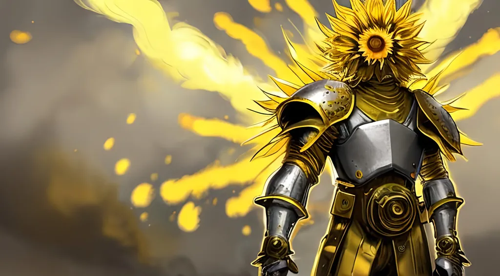 Prompt: Sunflower jailer, golden yellow clothes, yellow highlights, yellow lights, golden yellow robe, golden and silver belt, sunflowers with yellow aura, concept, silver and golden vest, detailed, yellow golden bazooka, blonde hair, machine gun, fire, war, smoke, golden armor, sunflower bullets, golden missiles