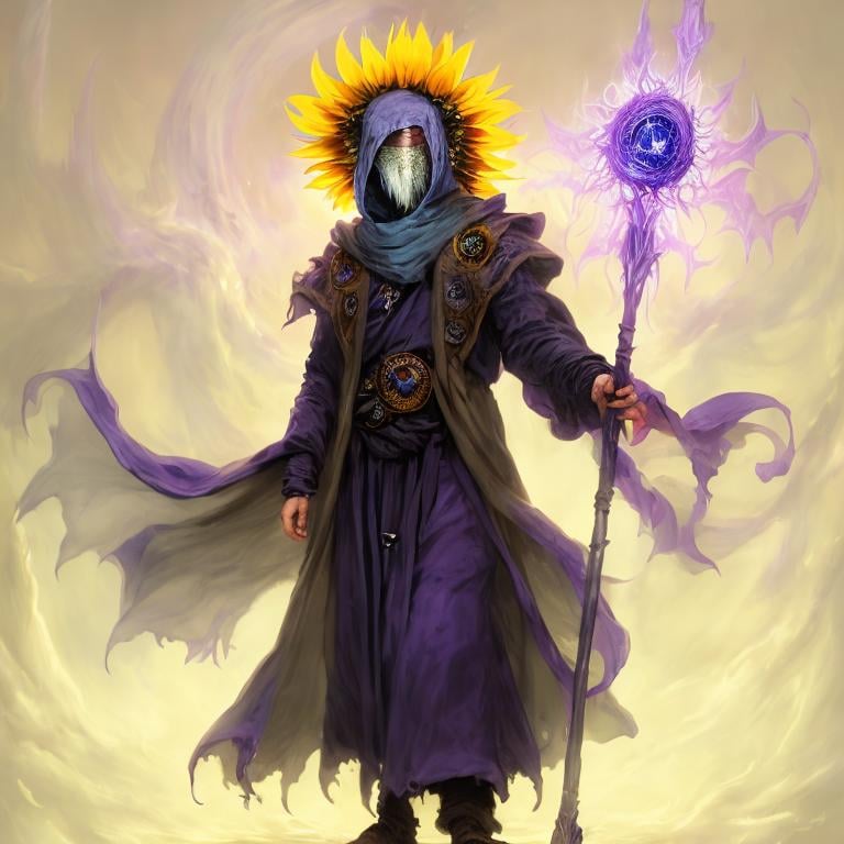 Prompt: A plague sunflower doctor with a blue wizard robes as a d & d character, blue robe, magical, blue higlights, hip hop concept aesthetic, purple evil aura, concept sheet, painting by gaston bussiere, dramatic lighting, purple lighting, evil sunflowers, toxic, poison, doctor, magic sunflower scepter, sunflower face, purple aura, elegant