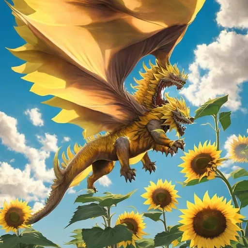 Prompt:  Sunflower dragon beast, flying over the sunflower forest