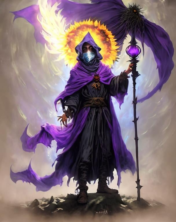 Prompt: A plague sunflower doctor with a blue wizard robes as a d & d character, blue robe, magical, blue higlights, hip hop concept aesthetic, purple evil aura, concept sheet, painting by gaston bussiere, dramatic lighting, purple lighting, evil sunflowers, toxic, poison, doctor, sunflower levitating scepter, sunflower face, purple aura, elegant, neo chemical, techno, elegant, sunflower face, arcane