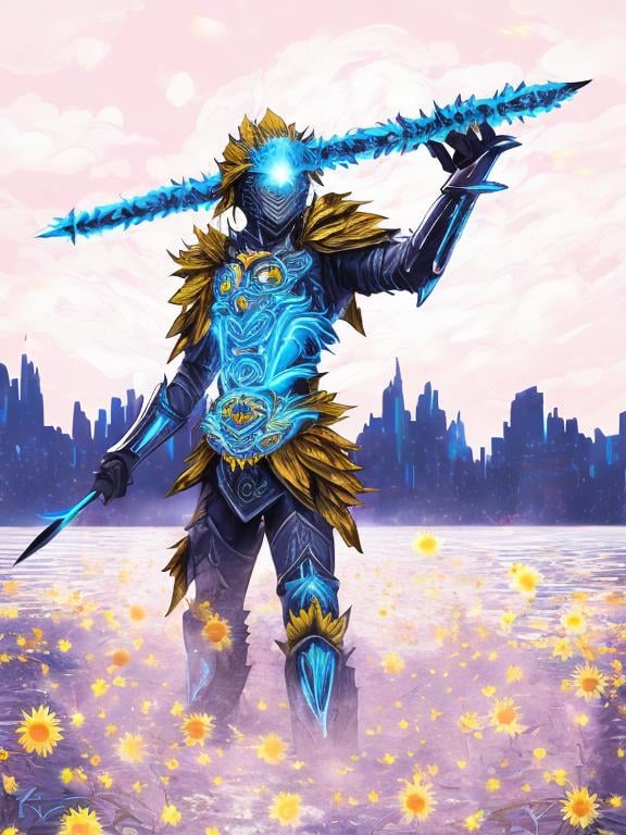 Prompt: Sunflower magic man warrior, blue highlights, electric, blue neon thunder sunflower, silver and blue light, techno, detailed, silver blue armor, magic mist, the warrior is in a silver bridge in a blue city highlights with sunflowers in the river, blue air essence, blue sunflower bazooka, war