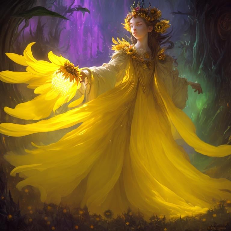 Prompt: Sunflower aristocrat lady with yellow dress as a d & d character, yellow robe, magical, pink, green dark forest higlights, magic concept aesthetic, purple and yellow mistery aura, concept sheet, painting by gaston bussiere, dramatic lighting, yellow lighting, little sunflower in her hand, interesting, yellow aura, legends, elegant, sunflower face, flamethrower in her back throwinf fire up, atmosphere like a forest fire