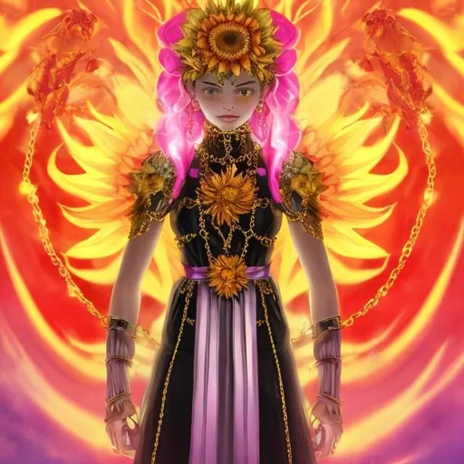 Prompt: Sunflower jailer, golden clothes, red highlights, black lights, pink robe, golden and silver chains, sunflowers with pink fire aura, concept, silver and golden details, pink belt, detailed, pink hair