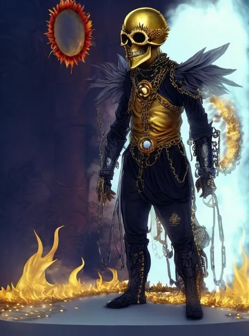 Prompt: Sunflower jailer, golden clothes, red highlights, black lights, pink robe, golden and silver chains, sunflowers with fire aura, concept, silver and golden plague mask, skull belt, detailed