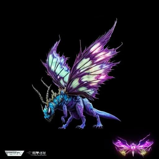 Prompt: toxic purple beast with a long white tail, blue peacful face, insect white wings, terrifying butterfly face, red horns, purple collar, wildness, imposing, poisonous creature, blue abdomen tail, light blue scales, pink toxic spykes in the abdomen, imposing pose, magical, big, 4K resolution, artstation, highly detailed, artgerm, by wlop, volumetric lighting, octane render, trending on artstation, masterpiece, fantastic, powerful, scary, intimidating, terrifying