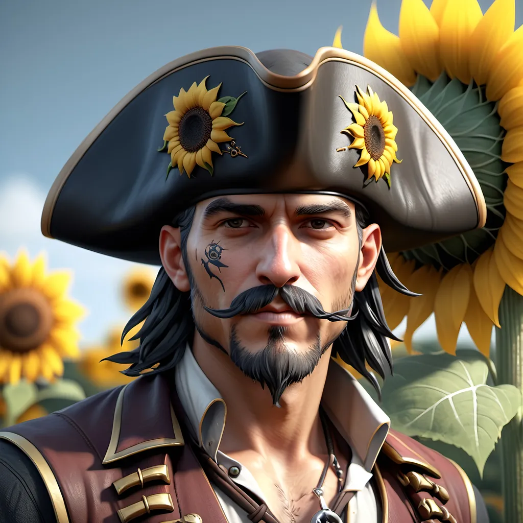 Prompt: sunflower man pirate hat, pirate clothes, sunflower war ship, concept sheet, 4K resolution, artstation, highly detailed, artgerm, by wlop, volumetric lighting, octane render, trending on artstation, masterpiece, fantastic, warship, sunflower