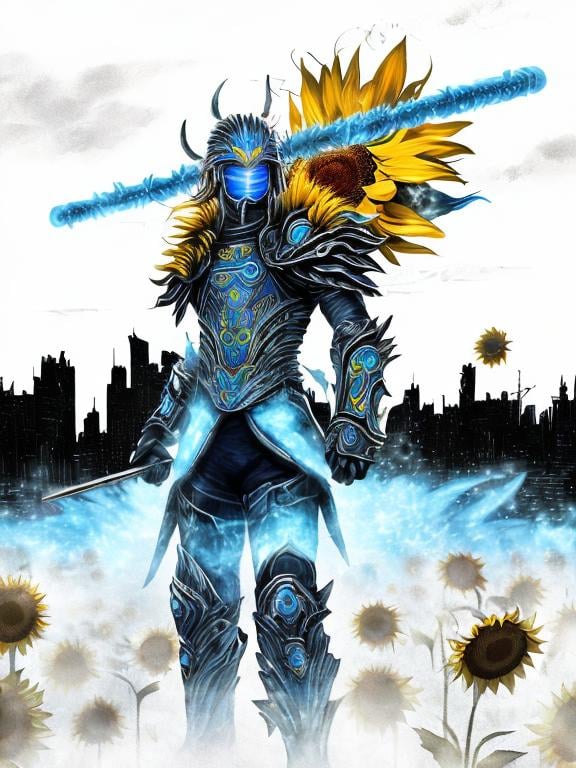 Prompt: Sunflower magic man warrior, blue highlights, electric, blue neon thunder sunflower, silver and blue light, techno, detailed, silver blue armor, magic mist, the warrior is in a silver bridge in a blue city highlights with sunflowers in the river, blue air essence, blue sunflower bazooka, war