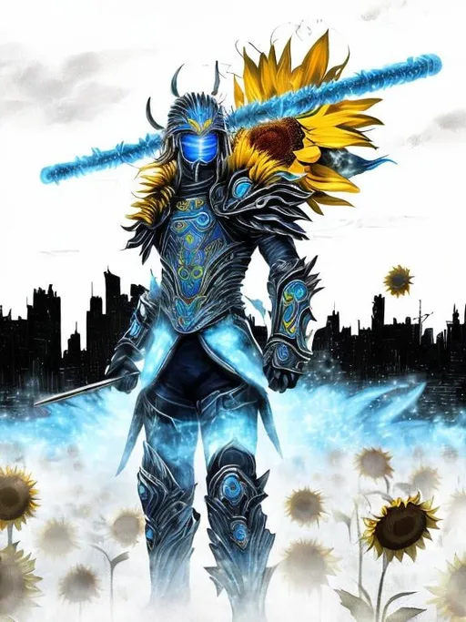 Prompt: Sunflower magic man warrior, blue highlights, electric, blue neon thunder sunflower, silver and blue light, techno, detailed, silver blue armor, magic mist, the warrior is in a silver bridge in a blue city highlights with sunflowers in the river, blue air essence, blue sunflower bazooka, war