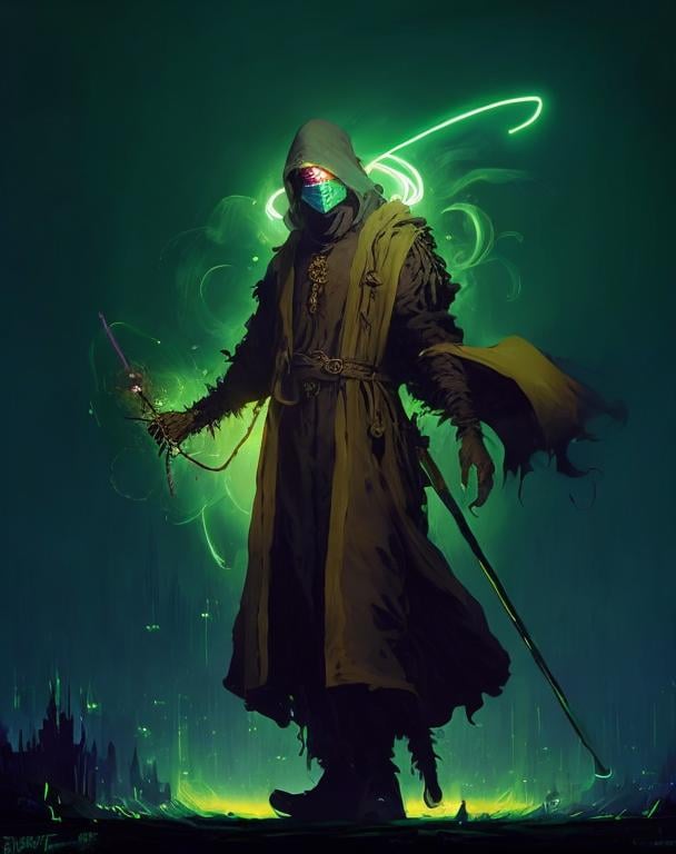 Prompt: A plague sunflower doctor with a dark green wizard robes as a d & d character, green robe, merchant, magical, green neon higlights, hip hop concept aesthetic, green evil aura, concept sheet, painting by gaston bussiere, dramatic lighting, purple lighting, neon green whip, toxic, poison, doctor, neon dark green atmosphere