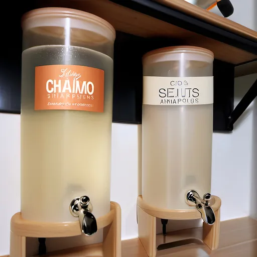 Prompt: shampoo dispensers, instead of food is shampoo and beauty products. HD. high quality