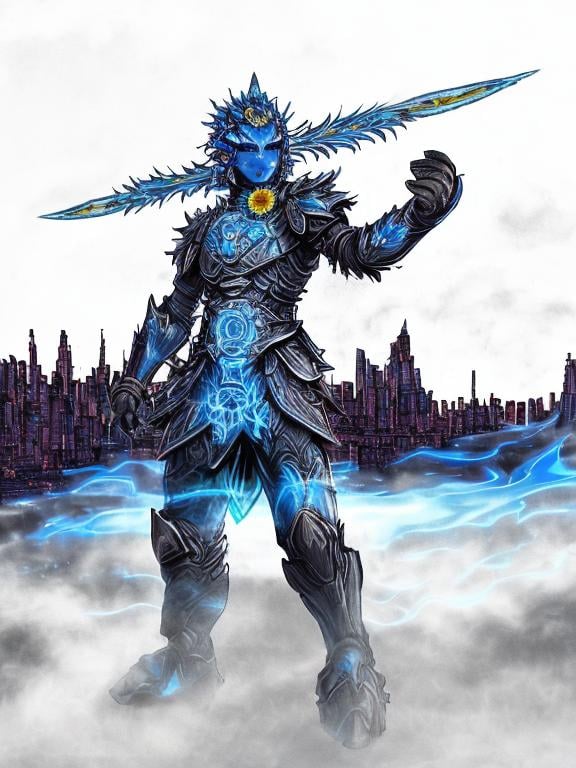 Prompt: Sunflower magic man warrior, blue highlights, electric, blue neon thunder sunflower, silver and blue light, techno, detailed, silver blue armor, magic mist, the warrior is in a silver bridge in a blue city highlights with sunflowers in the river, blue air essence, blue sunflower bazooka, war