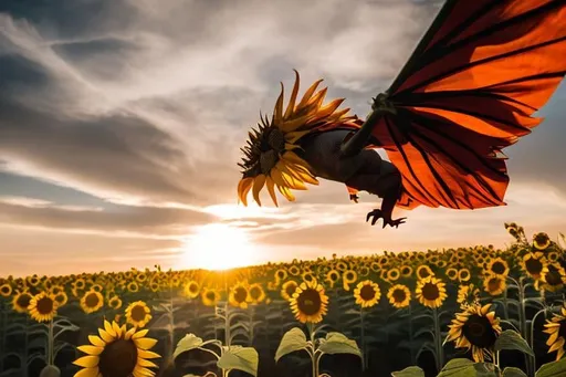 Prompt: red Sunflower dragon flying over the sunflower forest