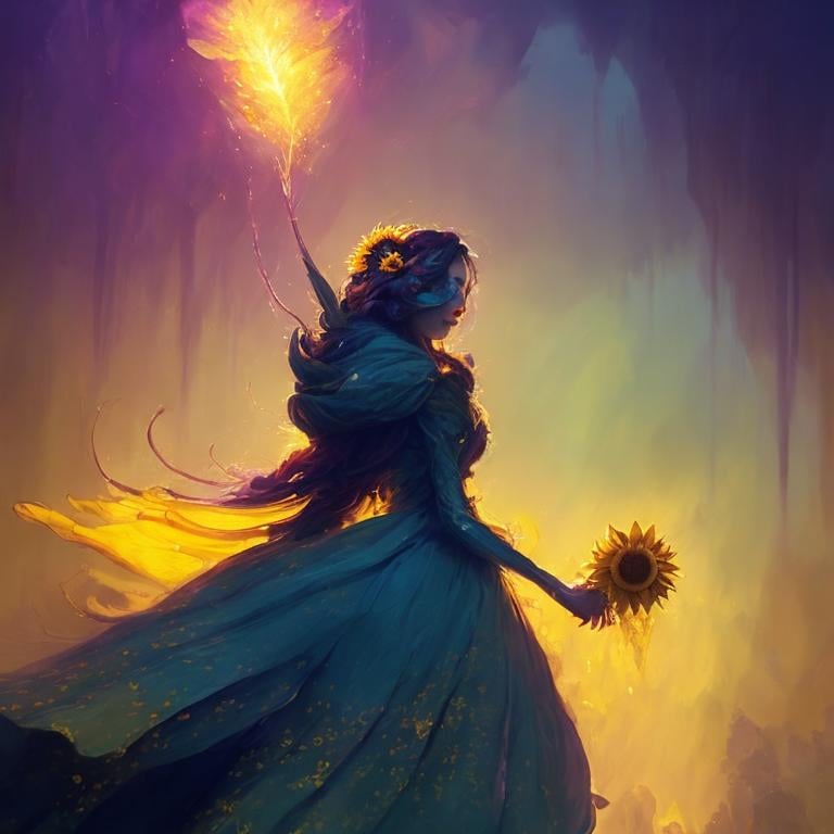 Prompt: Sunflower aristocrat lady with yellow dress as a d & d character, yellow robe, magical, pink, green dark forest higlights, magic concept aesthetic, purple and yellow mistery aura, concept sheet, painting by gaston bussiere, dramatic lighting, yellow lighting, little sunflower in her hand, interesting, yellow aura, legends, elegant, sunflower face, flamethrower in her back throwinf fire up, atmosphere like a forest fire