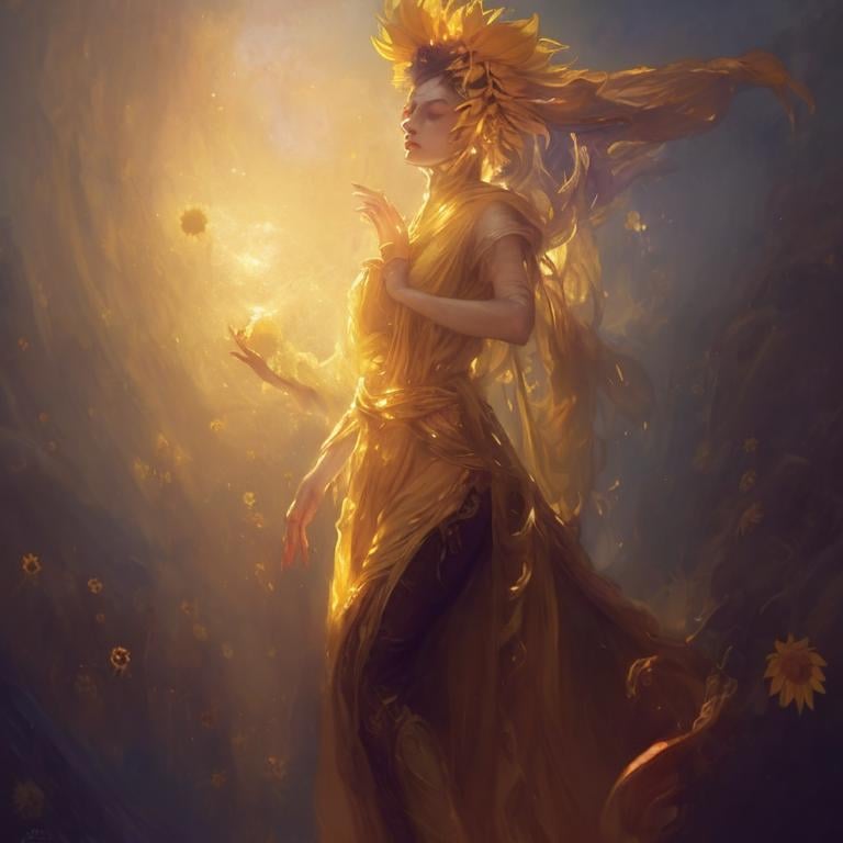 Prompt: Sunflower lady with a yellow robes as a d & d character, yellow robe, magical, golden higlights, magic concept aesthetic, golden mistery aura, concept sheet, painting by gaston bussiere, dramatic lighting, yellow lighting, little sunflowers, interesting, sunflower face, yellow aura, legends, elegant, sunflower face, arcane