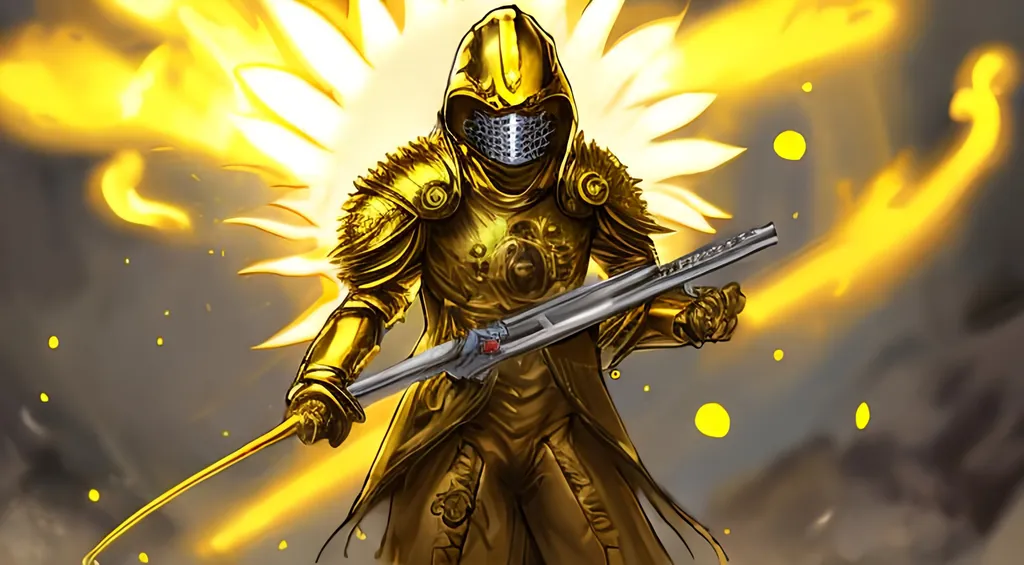 Prompt: Sunflower jailer, golden yellow clothes, yellow highlights, yellow lights, golden yellow robe, golden and silver belt, sunflowers with yellow aura, concept, silver and golden vest, detailed, yellow golden bazooka, blonde hair, machine gun, tank, crossbow, fire, war, smoke