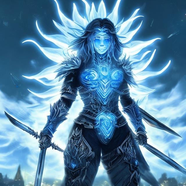 Prompt: Sunflower magic warrior, blue highlights, electric, blue neon thunder sunflower, silver and blue light, techno, detailed, silver blue armor, magic mist, the warrior is in a silver bridge in a blue city highlights with sunflowers in the river, blue air essence