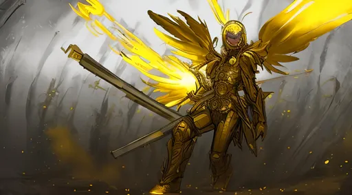 Prompt: Sunflower jailer, golden yellow clothes, yellow highlights, yellow lights, golden yellow robe, golden and silver belt, sunflowers with yellow aura, concept, silver and golden vest, detailed, yellow golden bazooka, blonde hair, machine gun, tank, crossbow, fire, war, smoke