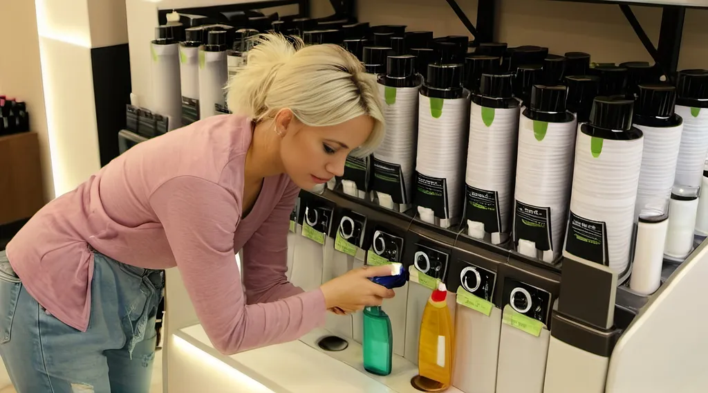 Prompt: woman in the food dispensers store. Instead of food is shampoo and beauty products