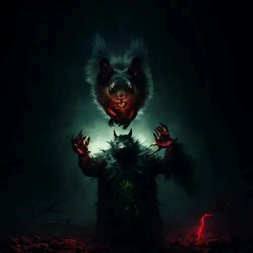 Prompt: dark nightmare beast, smoke body, strange, squirrel red and black ears, white mane in his neck, levitating in the air, scary green eyes, 4K resolution, artstation, highly detailed, artgerm, by wlop, volumetric lighting, octane render, trending on artstation, masterpiece, fantastic, powerful, scary, intimidating, cinematic, dark fantasy, artstation, highly detailed, artgerm, by wlop, volumetric lighting, octane render, trending on artstation, masterpiece, fantastic, powerful, scary, intimidating, terrifying