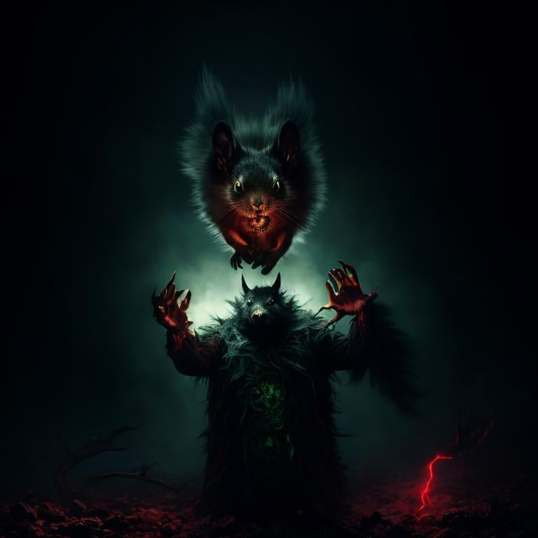 Prompt: dark nightmare beast, smoke body, strange, squirrel red and black ears, white mane in his neck, levitating in the air, scary green eyes, 4K resolution, artstation, highly detailed, artgerm, by wlop, volumetric lighting, octane render, trending on artstation, masterpiece, fantastic, powerful, scary, intimidating, cinematic, dark fantasy, artstation, highly detailed, artgerm, by wlop, volumetric lighting, octane render, trending on artstation, masterpiece, fantastic, powerful, scary, intimidating, terrifying