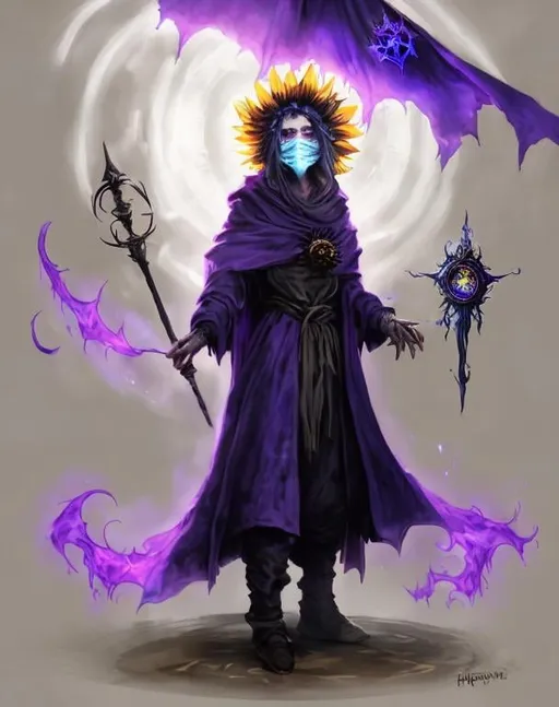 Prompt: A plague sunflower doctor with a blue wizard robes as a d & d character, blue robe, magical, blue higlights, hip hop concept aesthetic, purple evil aura, concept sheet, painting by gaston bussiere, dramatic lighting, purple lighting, evil sunflowers, toxic, poison, doctor, sunflower levitating scepter, sunflower face, purple aura, elegant, neo chemical, techno, elegant, sunflower face, arcane