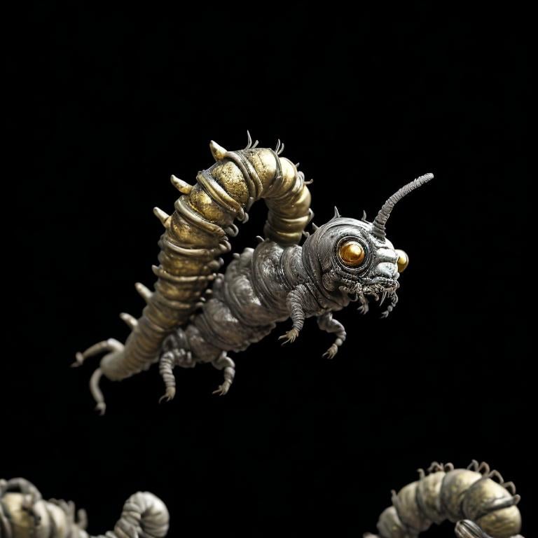 Prompt: grey toxic caterpillar beast with poison and golden details, grey abdomen, poisonous skin, elegant, dangerous pose, suspicious, golden scale, magical, big, 4K resolution, artstation, highly detailed, artgerm, by wlop, volumetric lighting, octane render, trending on artstation, masterpiece, fantastic, powerful, scary, intimidating, terrifying