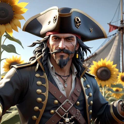 Prompt: sunflower man pirate hat, pirate clothes, sunflower war ship, concept sheet, 4K resolution, artstation, highly detailed, artgerm, by wlop, volumetric lighting, octane render, trending on artstation, masterpiece, fantastic, warship, sunflower