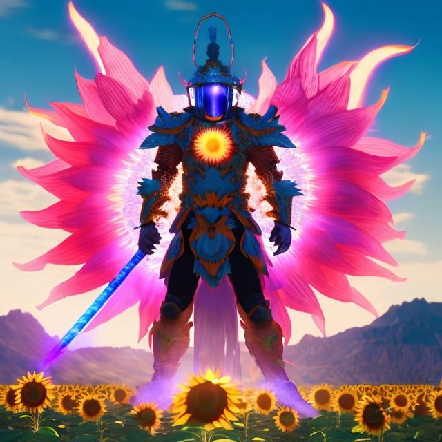 Prompt: Sunflower magic man warrior, blue highlights, mystic, pink neon thunder sunflower, pink fire light, detailed, metal pink armor, magic mist, the warrior is in a pink valley highlights with pink sunflowers in the valley, pink air essence, pink sunflower lantern, war, pink flamethrower sunflower 