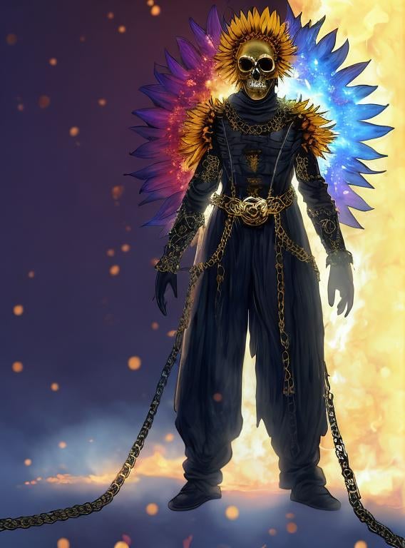 Prompt: Sunflower jailer, golden clothes, red highlights, black lights, pink robe, golden and silver chains, sunflowers with fire aura, concept, silver and golden plague mask, skull belt, detailed