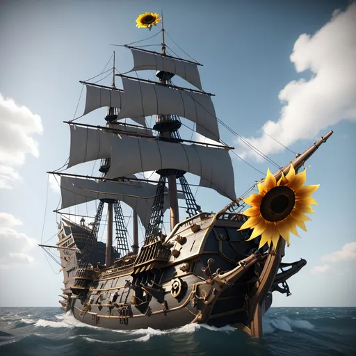 Prompt: sunflower warship, pirate, sunflower war ship, concept sheet, 4K resolution, artstation, highly detailed, artgerm, by wlop, volumetric lighting, octane render, trending on artstation, masterpiece, fantastic, warship, sunflower