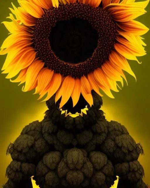 Prompt: Sunflower creepy golem, climbing dark plants, black and red highlights, golden sunflower, magical, abandoned golem in the forest, sunflowers, Picasso style, 4K resolution, artstation, highly detailed, artgerm, by wlop, volumetric lighting, octane render, trending on artstation, masterpiece, fantastic, silver chains, evil, dark vibes, fantastic, scary