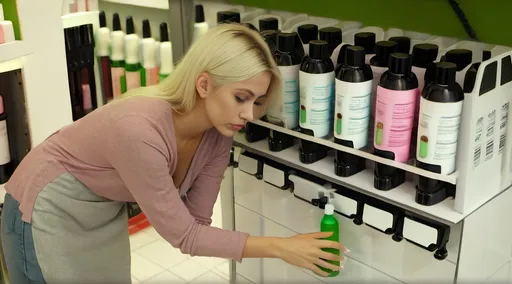 Prompt: woman in the food dispensers store. Instead of food is shampoo and beauty products