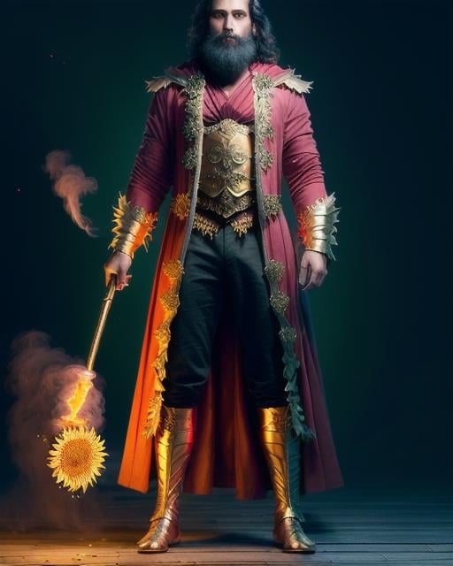 Prompt: A highly detailed matte painting of a sunflower man wizard, artgerm, by wlop, volumetric lighting, octane render, 4 k resolution, trending on artstation, masterpiece, green and red lighting, pink and golden robe, magical, silver dust, golden skulls in the clothes, black mist, red and pink mist, sunflowers in the clothes, dark vibes, red golden chain