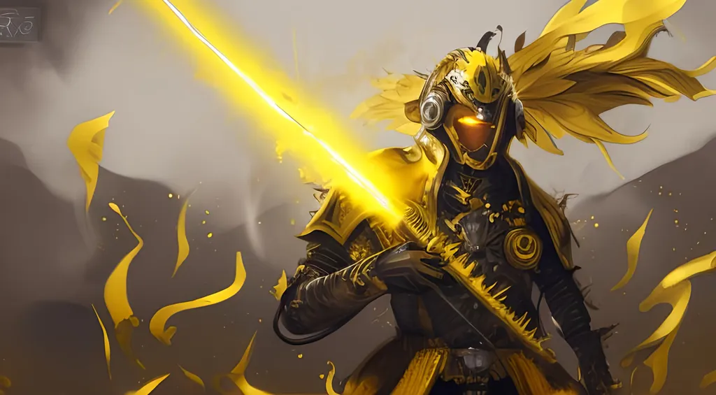 Prompt: Sunflower jailer, golden yellow clothes, yellow highlights, yellow lights, golden yellow robe, golden and silver belt, sunflowers with yellow aura, concept, silver and golden vest, detailed, yellow golden bazooka, blonde hair, machine gun, tank, crossbow, fire, war, smoke