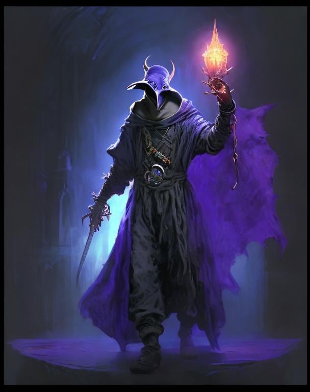 Prompt: A plague doctor with a blue wizard robes as a d & d character, blue robe, magical, blue higlights, hip hop concept aesthetic, purple evil aura, concept sheet, painting by gaston bussiere, dramatic lighting, purple lighting