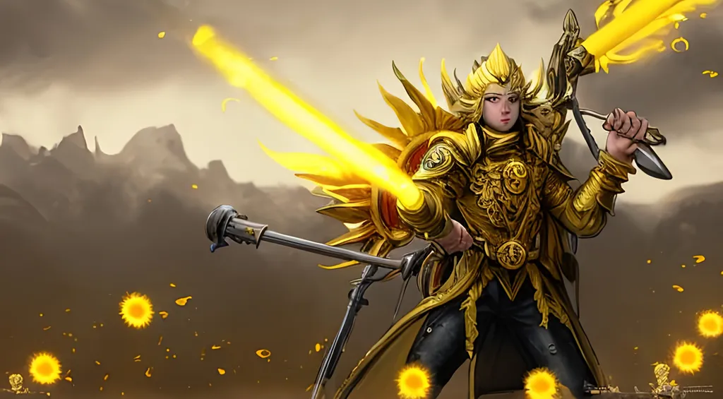 Prompt: Sunflower jailer, golden yellow clothes, yellow highlights, yellow lights, golden yellow robe, golden and silver belt, sunflowers with yellow aura, concept, silver and golden vest, detailed, yellow golden bazooka, blonde hair, machine gun, tank, crossbow, fire, war, smoke