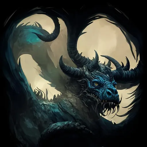 Prompt: dark blue beast with gray mane , blue fury face, little black lines in his abdomen, a bit of ocean style, wildness, fierceness, three blue horns coming out of its head, bushy tail, imposing pose, violent, magical, big, 4K resolution, artstation, highly detailed, artgerm, by wlop, volumetric lighting, octane render, trending on artstation, masterpiece, fantastic, powerful, scary, intimidating, terrifying